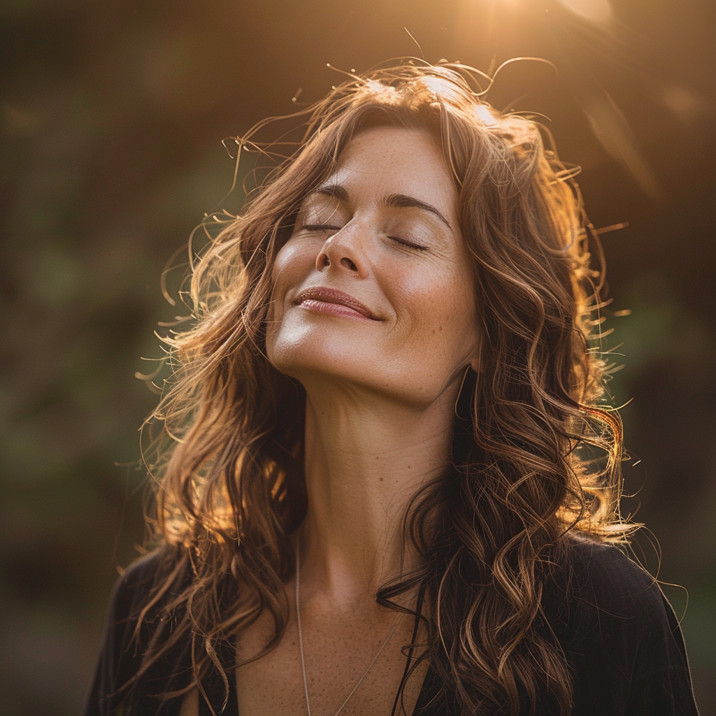 Frau in den Vierzigern genießt das Sonnenlicht – natürliche Vitamin-D-Produktion für Wohlbefinden und Balance“