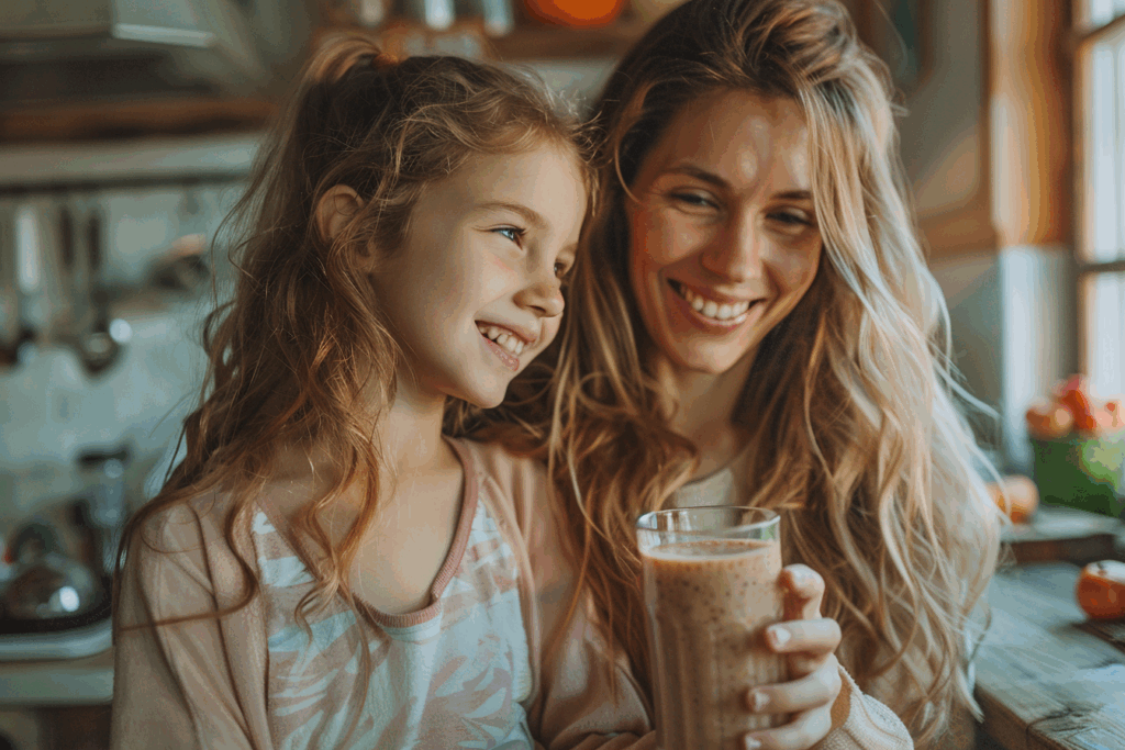 Zwei Generationen: Mutter und Tochter bereiten gemeinsam einen gesunden Kollagen Shake zu – Verbindung von traditionellen und modernen Gesundheitsroutinen.
