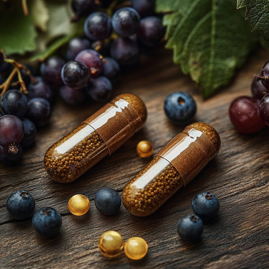 Hochwertige Kapseln mit Resveratrol und NMN als Anti-Aging-Duo in natürlichem Setting
