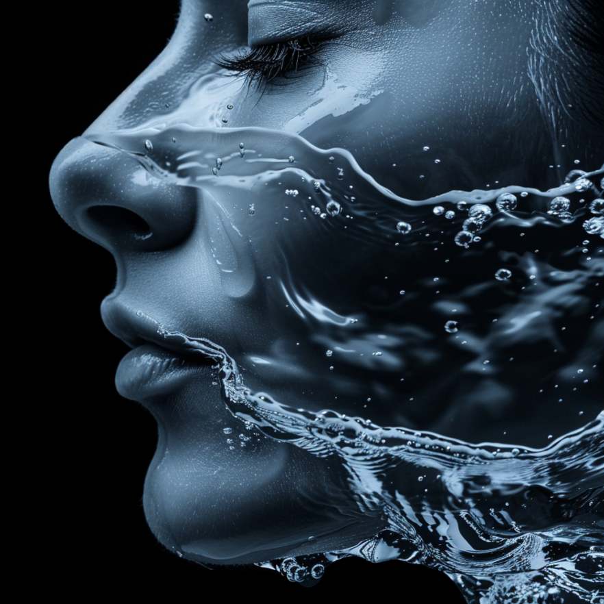Künstlerische Darstellung einer weiblichen Silhouette aus Wasser – Symbol für Zellregeneration und Anti-Aging.