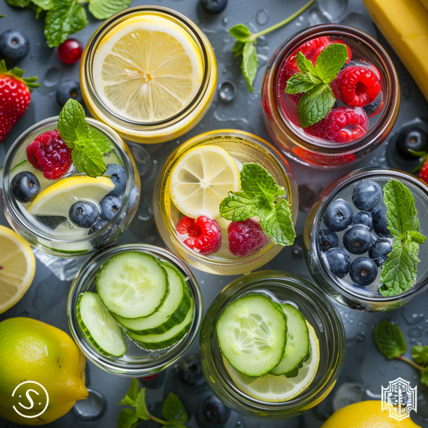 Verschiedene Gläser mit aromatisiertem Wasser – leckere Alternativen zu purem Wasser.