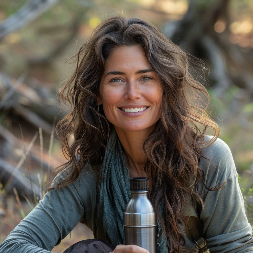 Frau um die 40 mit Wasserflasche – Motivation zum regelmäßigen Trinken.