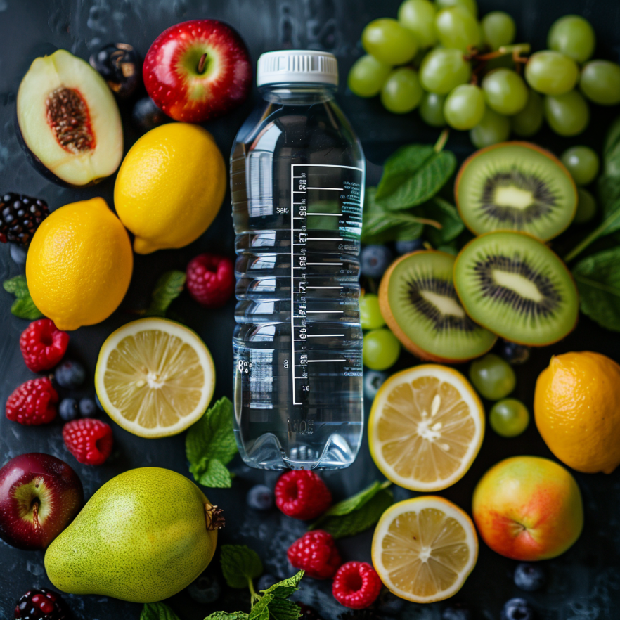 Wasserflasche mit Messskala und Obst – Erinnerung an die tägliche Trinkmenge.
